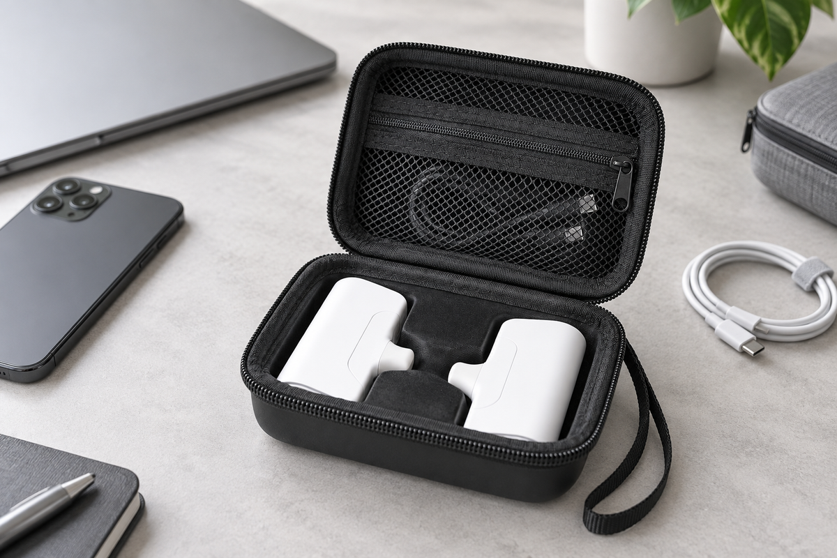 ALKOO portable charger power bank case open on a gray-white desk for September phone upgrade travel tech organization