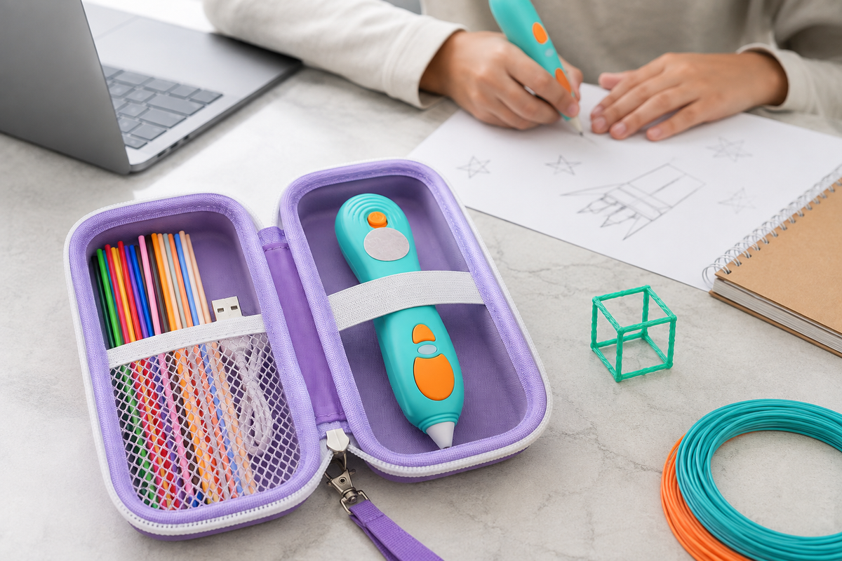 ALKOO purple 3D printing pen case open on a gray-white maker desk for back-to-school STEM organization