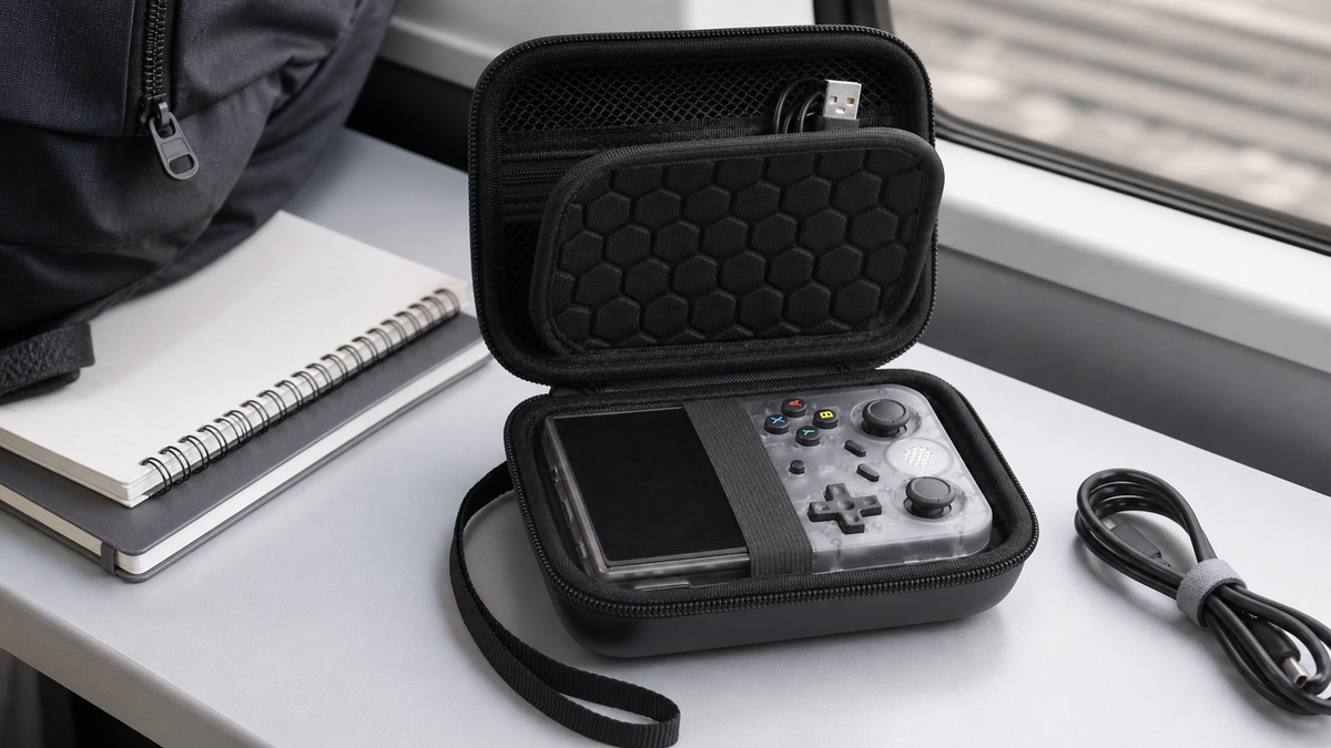 ALKOO handheld game console carrying case naturally photographed on a gray-white student commute desk