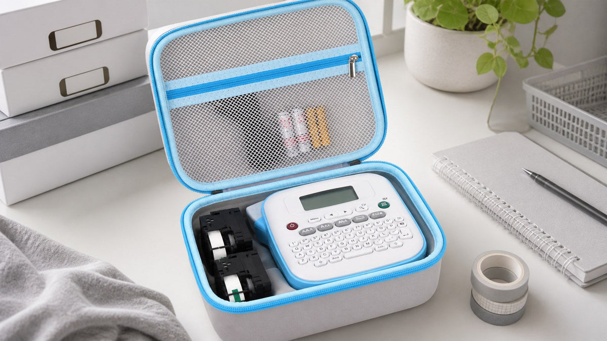 ALKOO blue and white label maker case naturally photographed in a gray-white back-to-school dorm organization scene