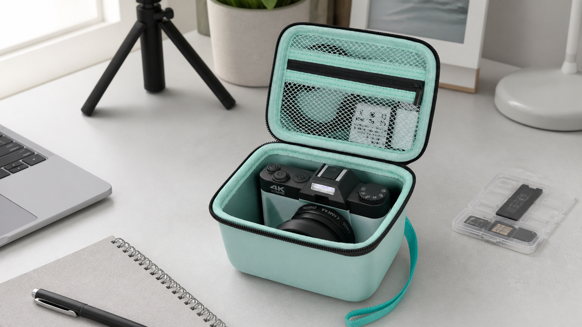 ALKOO mint vlogging camera case naturally photographed on a minimalist creator desk with camera gear