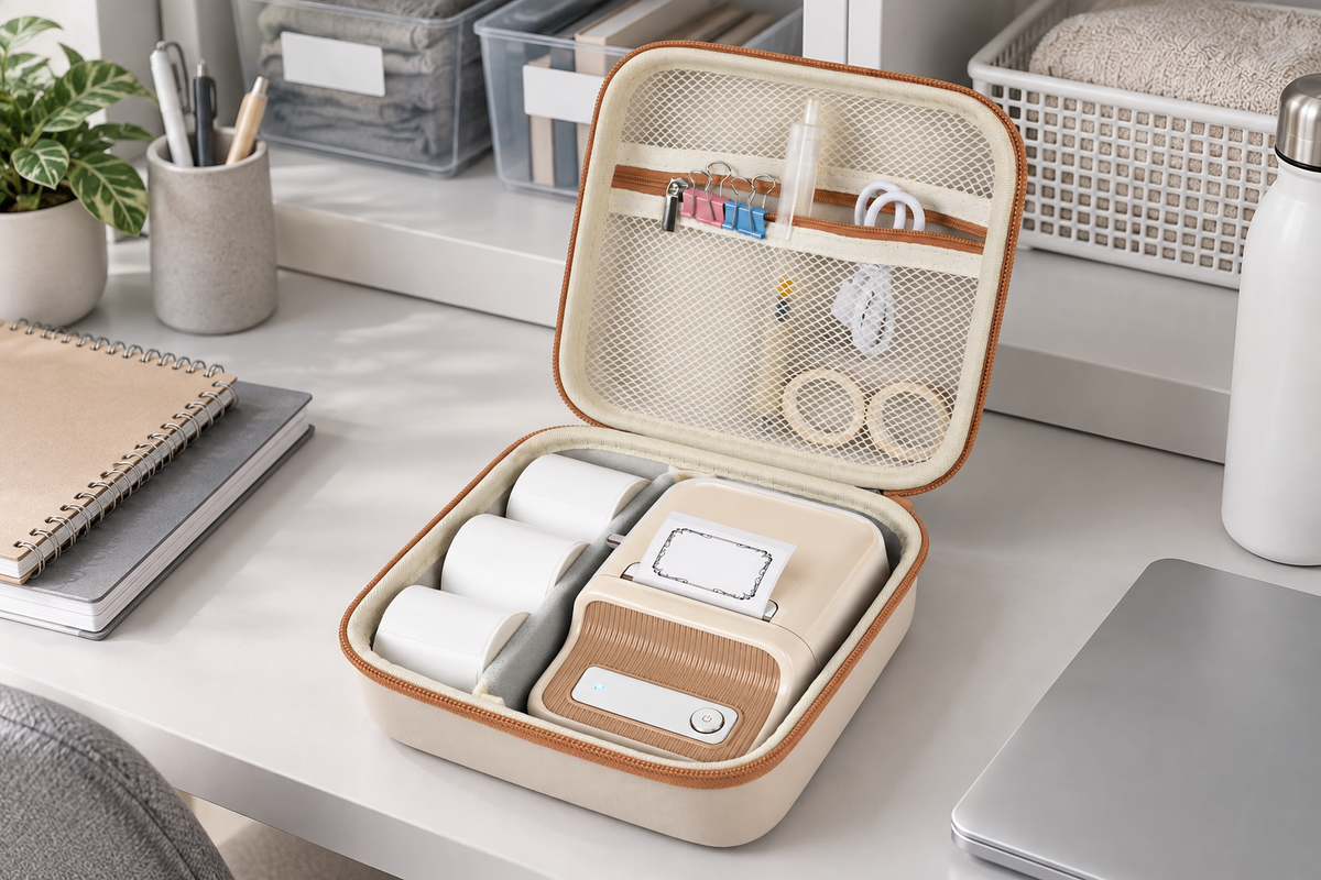 ALKOO beige NIIMBOT label maker case open on a gray-white dorm desk for back-to-school storage labels