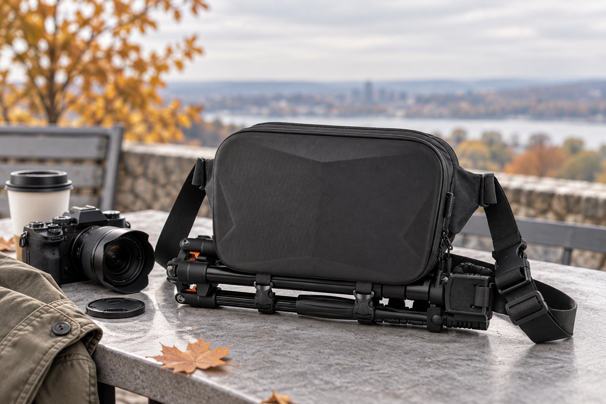 ALKOO black camera sling bag with tripod on a gray-white outdoor table for fall photography day trips