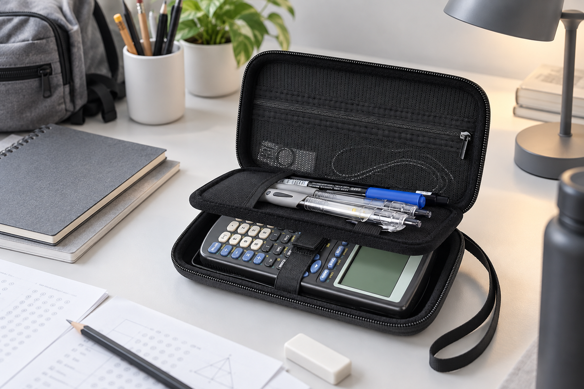 ALKOO black graphing calculator case open on a gray-white student desk for fall testing season