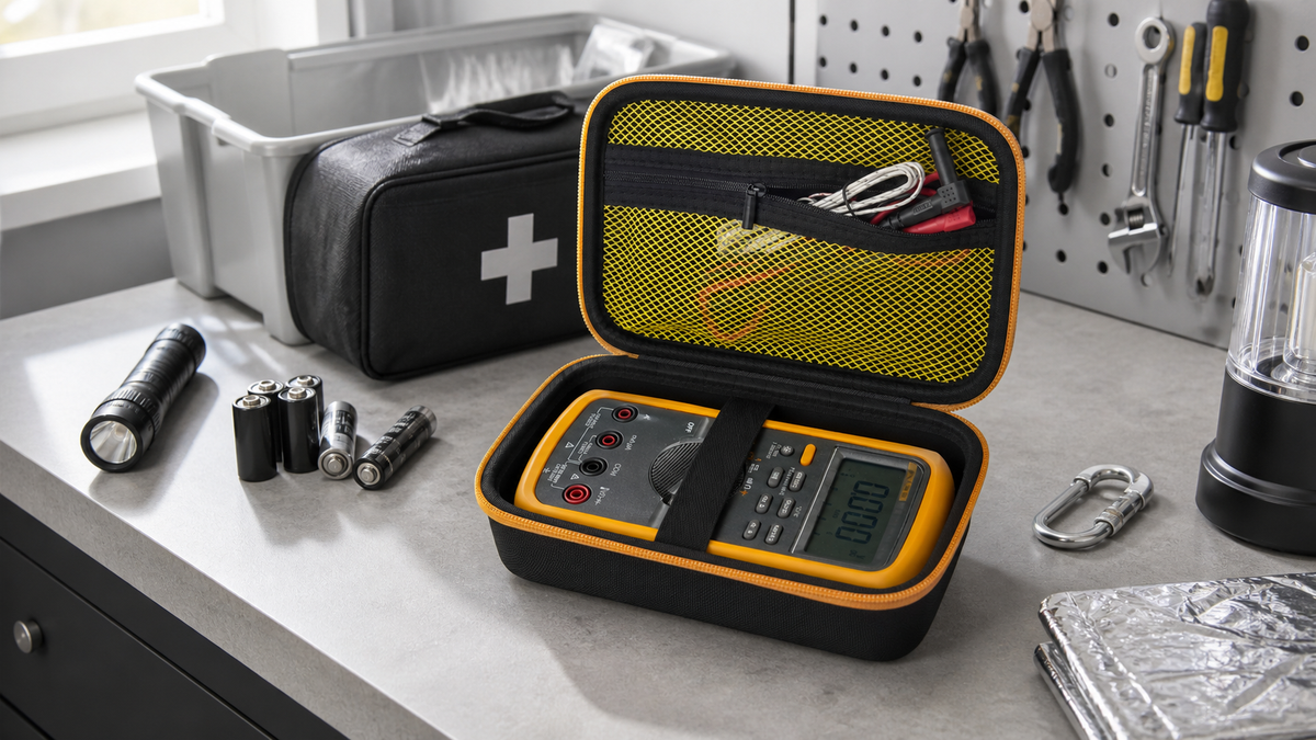 ALKOO digital multimeter carrying case naturally photographed on a home emergency tool bench