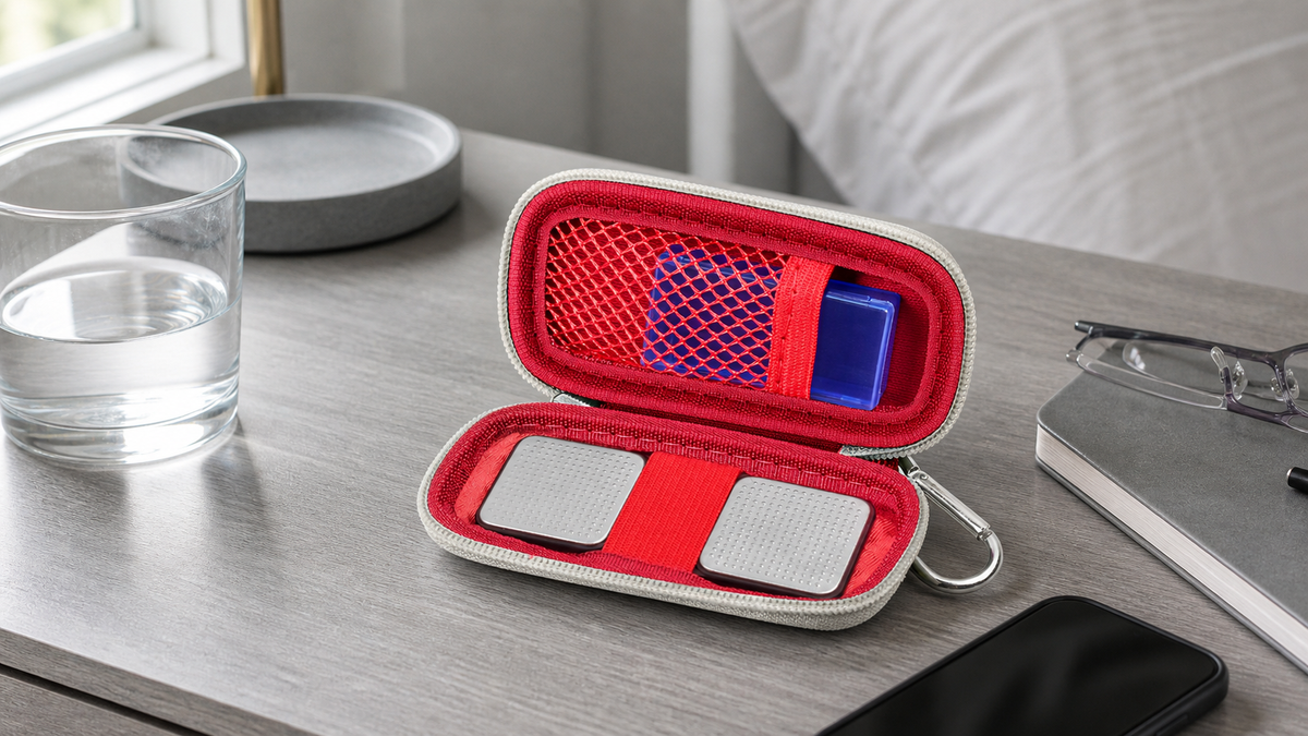 ALKOO for KardiaMobile heart monitor case naturally photographed in a bedside home health monitoring scene