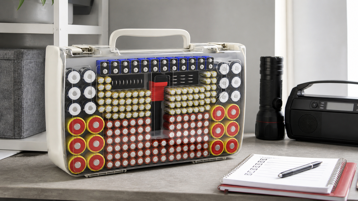 ALKOO 269-slot battery organizer naturally photographed on a gray-white emergency preparedness workbench