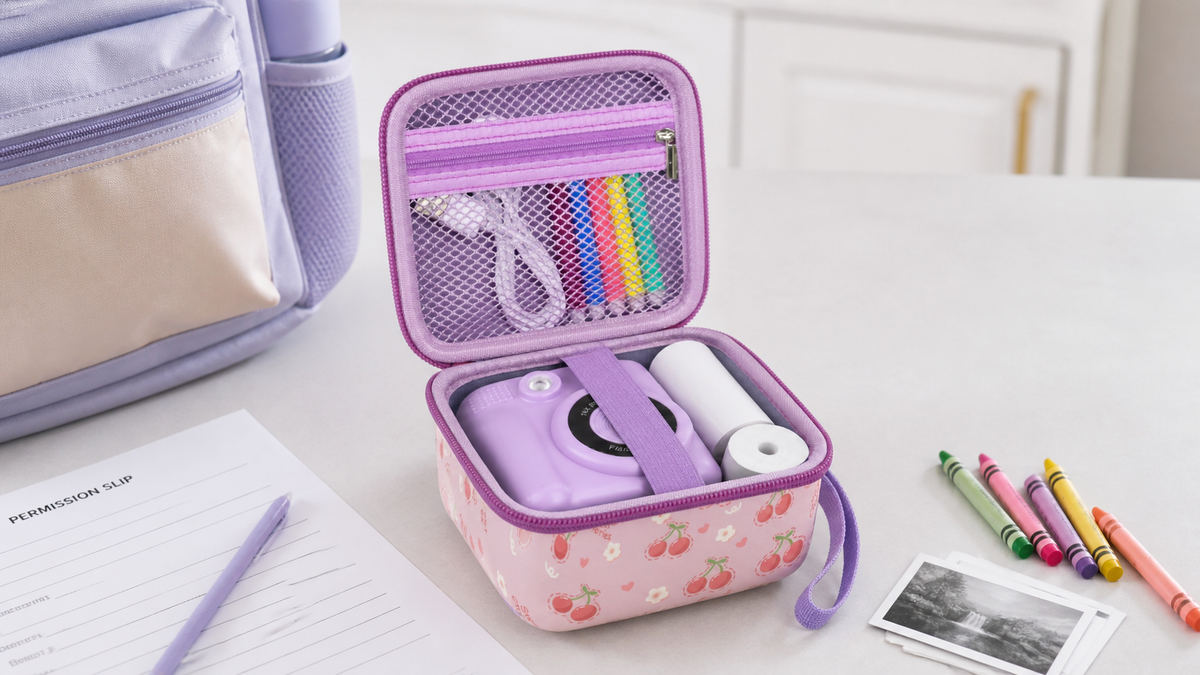 ALKOO kids instant print camera case packed for a back-to-school field trip on a gray-white table
