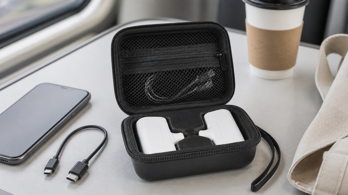 ALKOO portable charger case with power banks and cables on a gray-white travel table