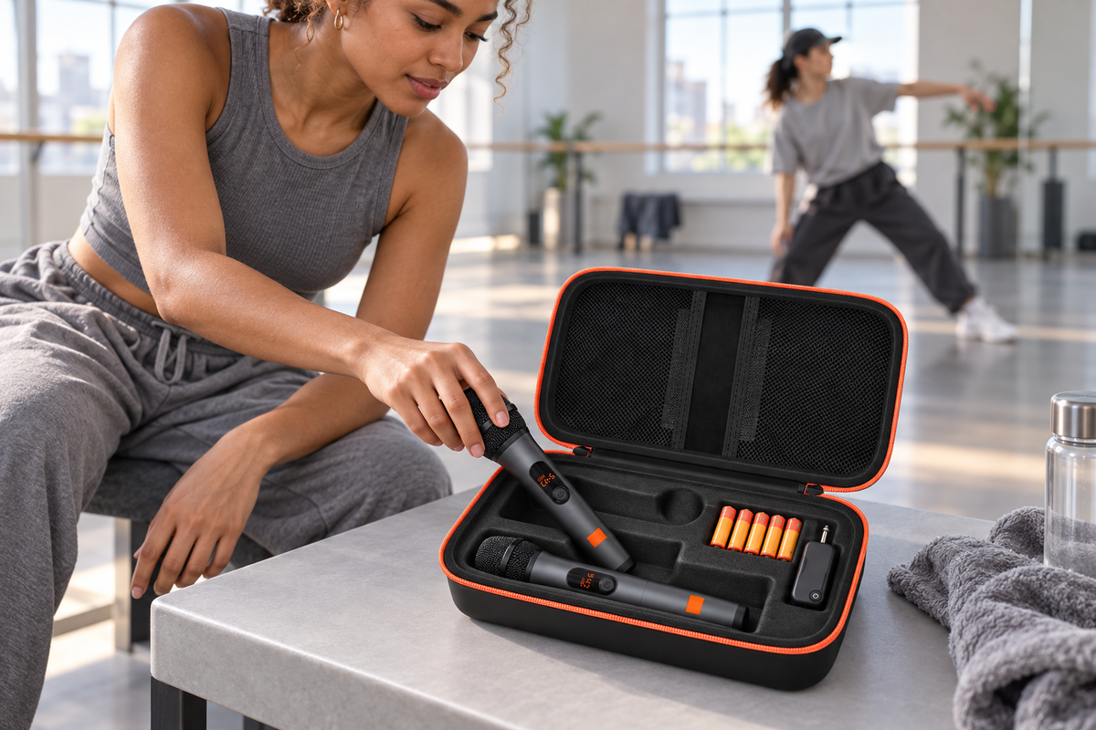 Dancer storing two wireless microphones in an open black and orange ALKOO microphone case