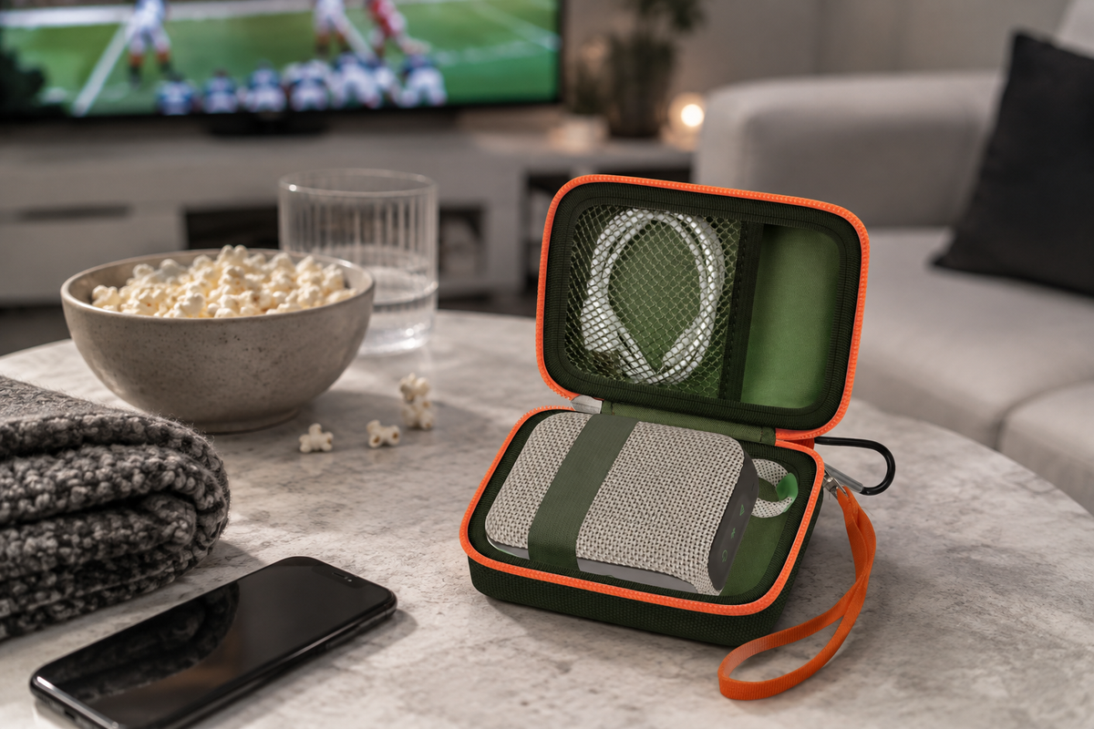 ALKOO JBL Go speaker travel case open on a gray-white coffee table for NFL kickoff watch-party organization