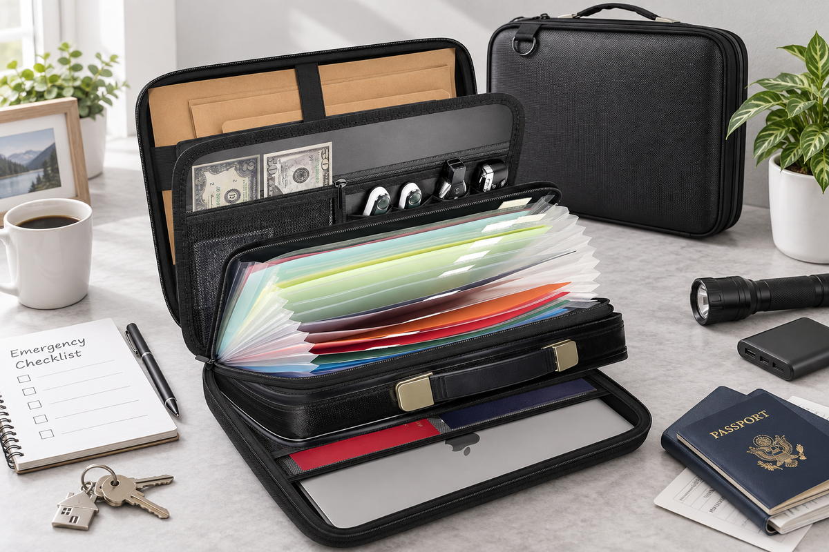 ALKOO black fireproof document organizer open on a gray-white home office table for National Preparedness Month