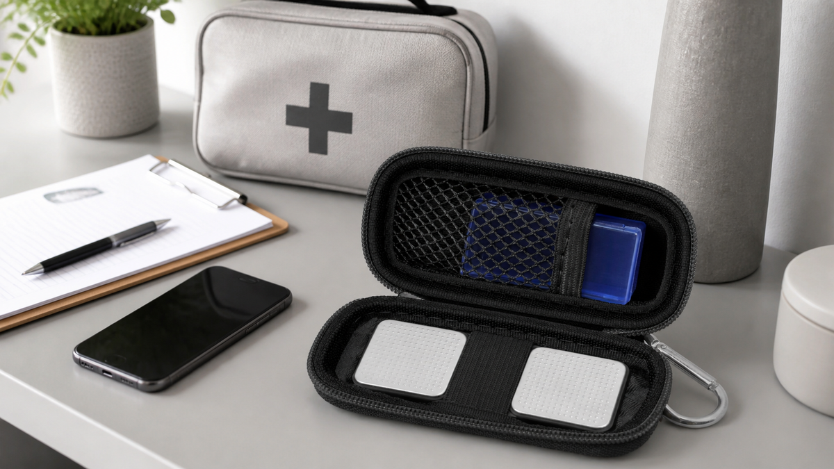 ALKOO heart monitor travel case organized on a gray-white home preparedness shelf for September readiness