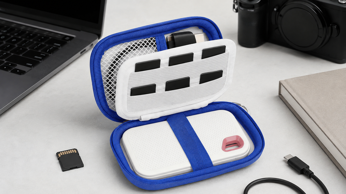 ALKOO for SanDisk Extreme portable SSD case on a gray-white creator backup desk with laptop and camera