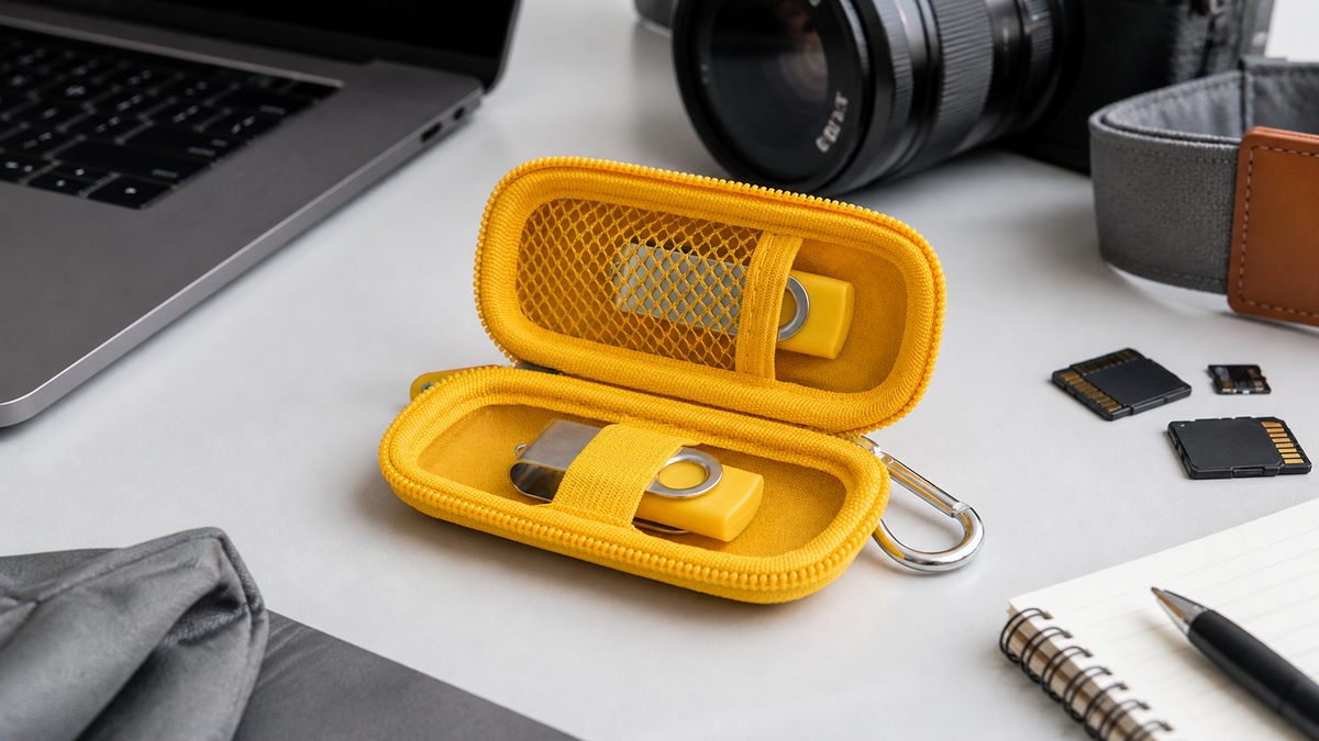 ALKOO yellow USB flash drive and SD card organizer naturally photographed on a gray-white photo project desk