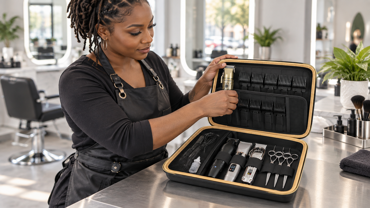 Stylist packing a black ALKOO clipper organizer with gold trim, guide-comb loops and tool holders at a salon worktop.