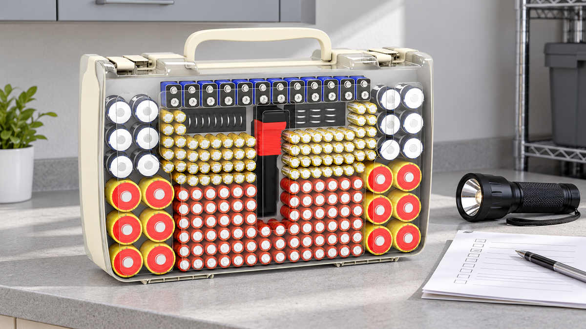 Cream ALKOO double-sided household battery organizer with clear covers beside a flashlight and checklist on a gray utility counter.