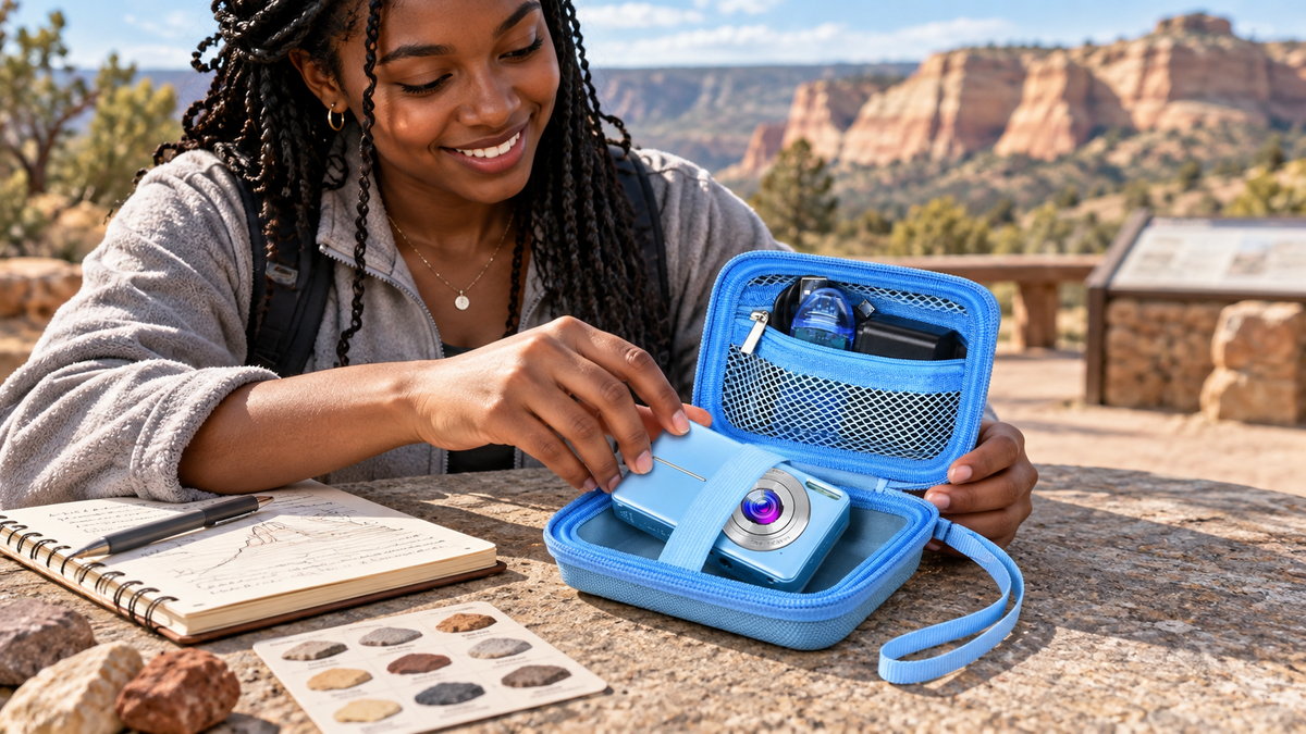 Black American geology student using an ALKOO blue compact camera case beside a rocky overlook during Earth Science Week.