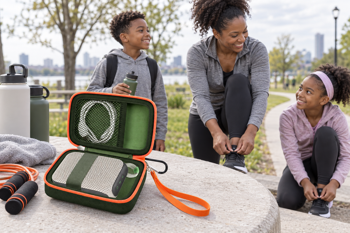 Black mother and children preparing for a park walk with a green ALKOO portable speaker case