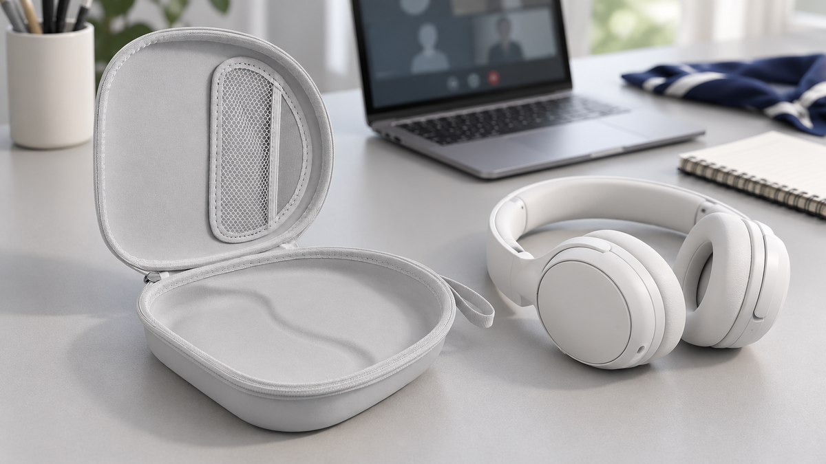 Light-gray ALKOO headphone case with its curved lid mesh pocket beside a laptop during online-event preparation.