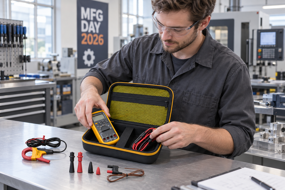 White apprentice technician packing an ALKOO black and yellow multimeter case in a modern manufacturing lab