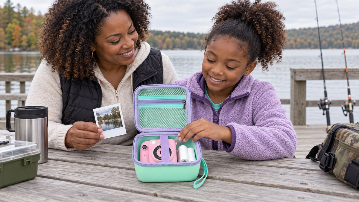 Black mother and daughter packing a kids instant-print camera in a mint ALKOO case at a lakeside fishing pier