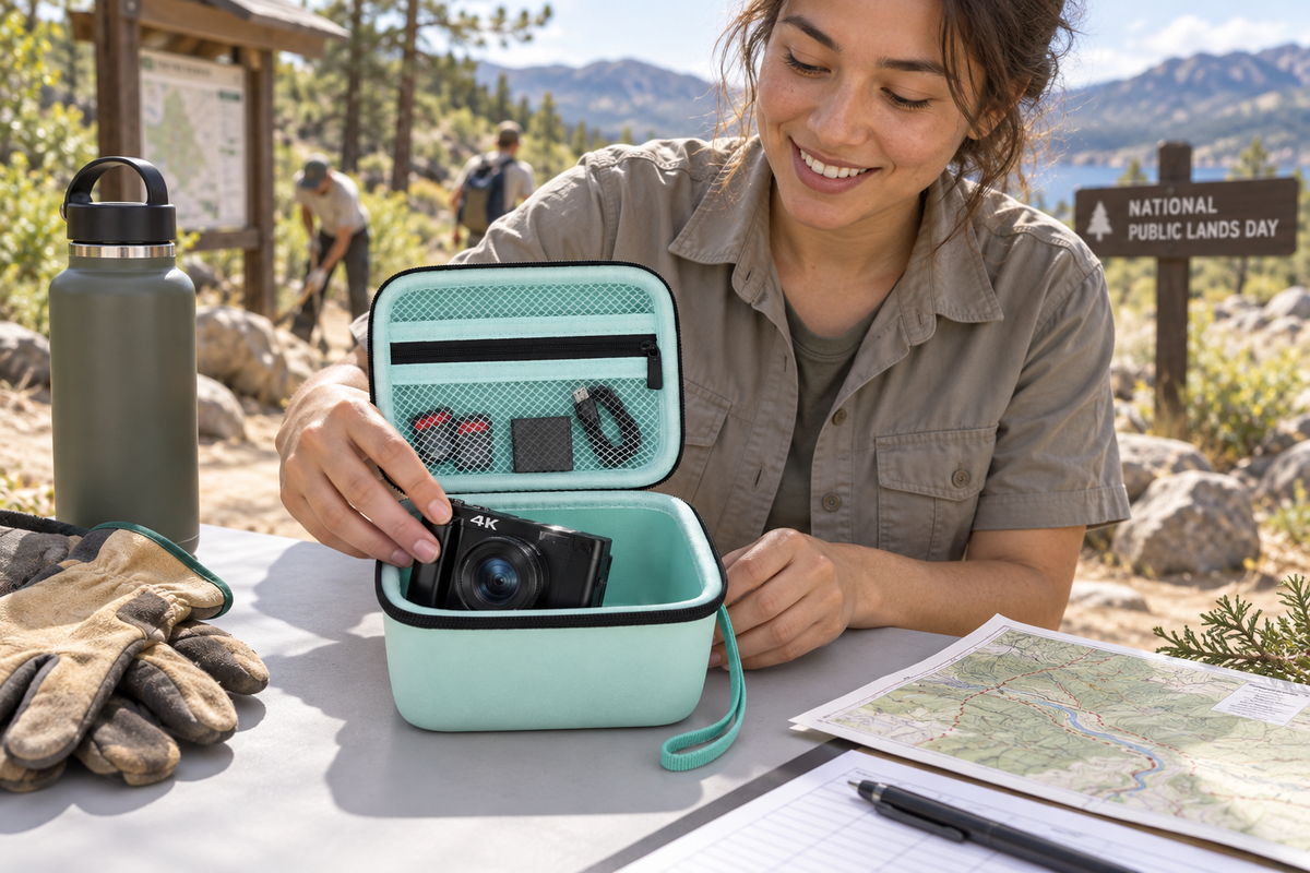Public lands volunteer packing a mint ALKOO vlogging camera case beside a trail map and work gloves