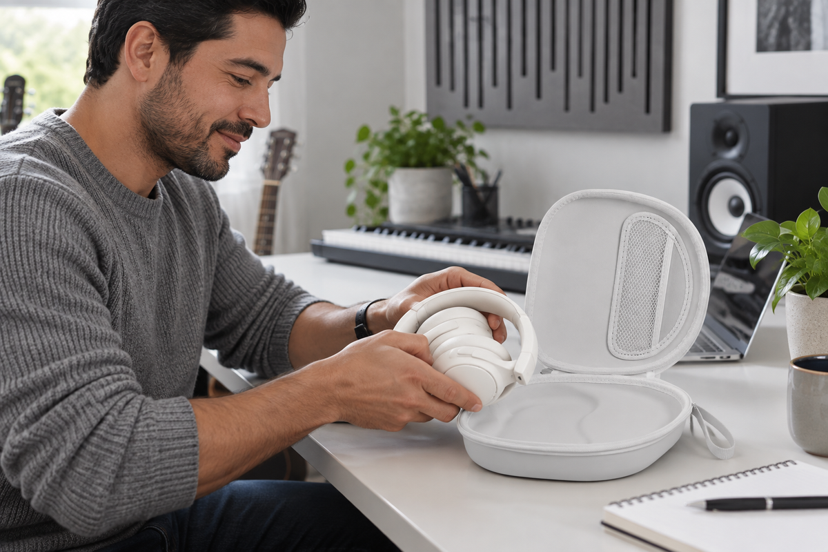 Latino music listener placing white over-ear headphones into an ALKOO carrying case during a listening break