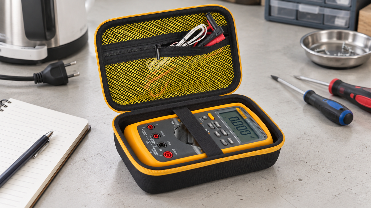 Real-product-based black and yellow multimeter case with elastic securing strap on a community repair preparation table.