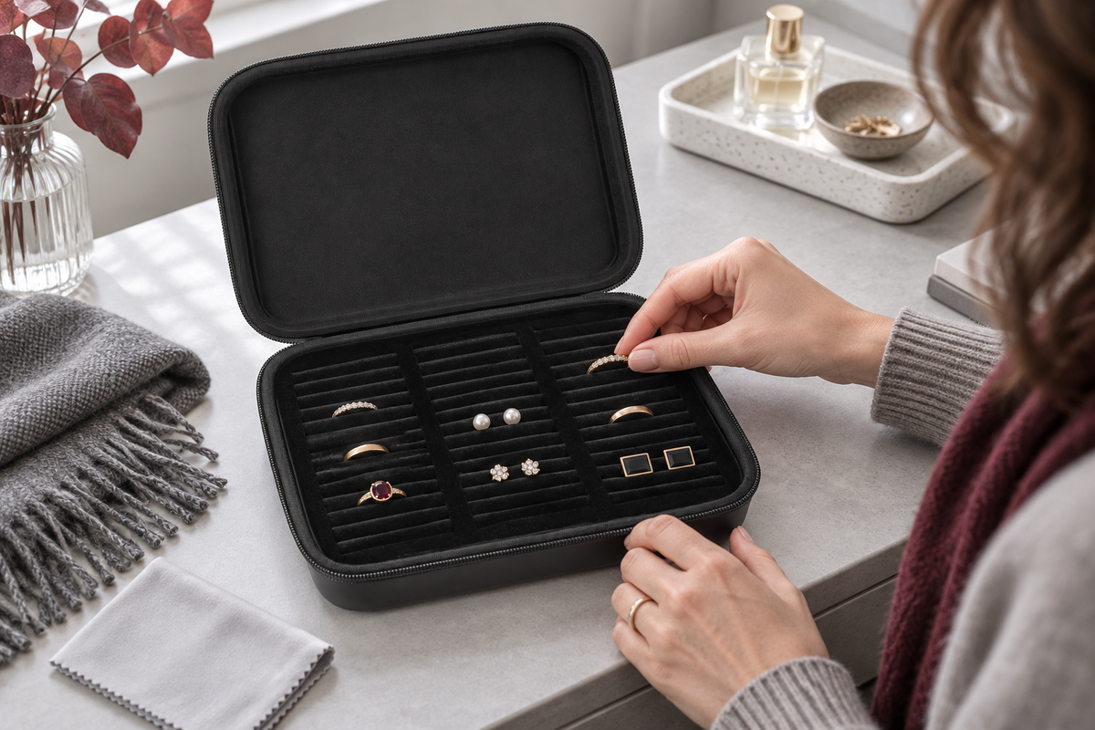 Black ALKOO jewelry case with three banks of padded slots on a gray dressing table during accessory selection.