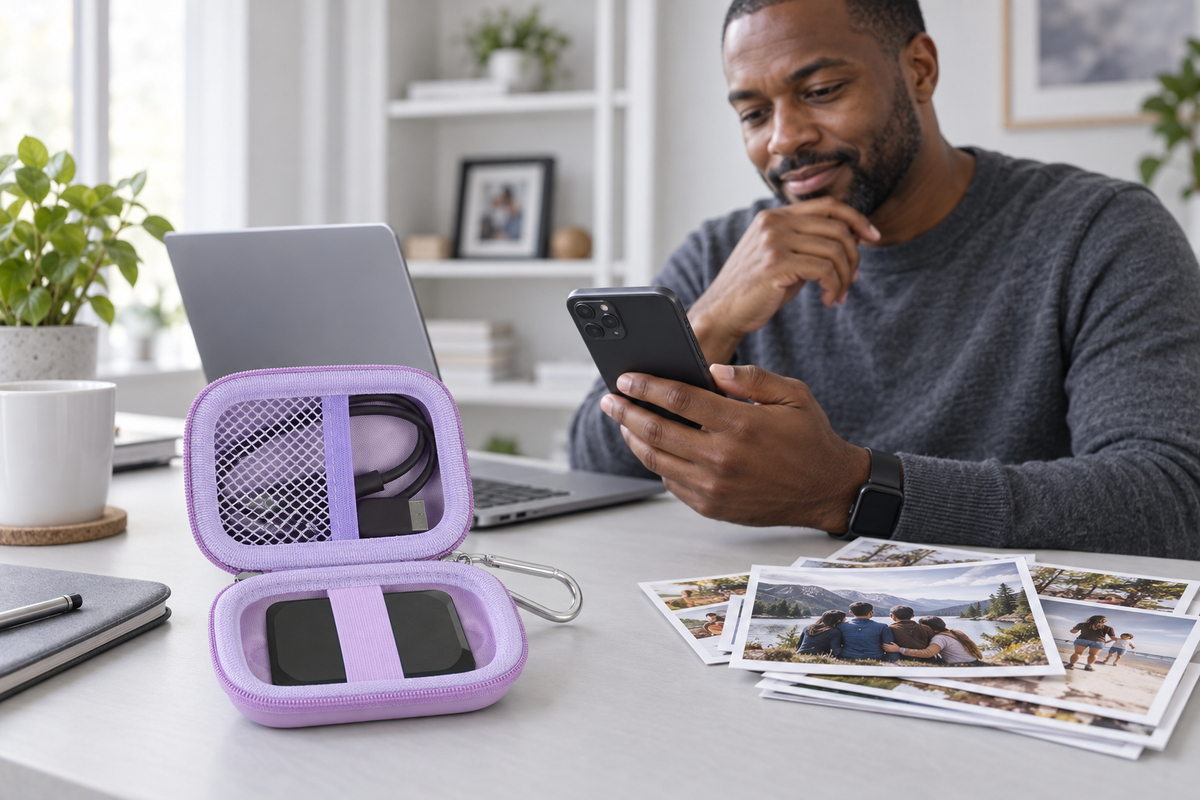 Black man organizing a portable SSD in a lavender ALKOO case while reviewing family photo backups