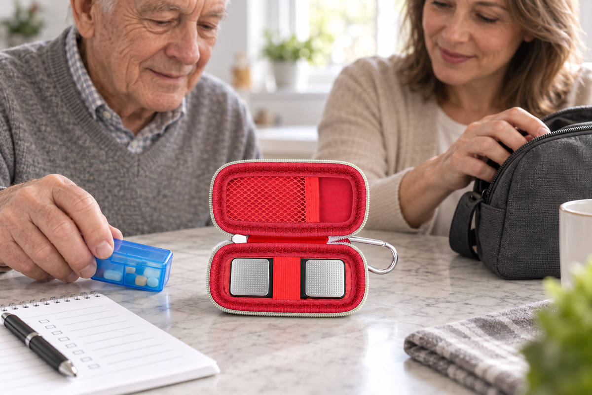 Caregiver and older adult preparing a calm appointment go-bag with a red ALKOO KardiaMobile case