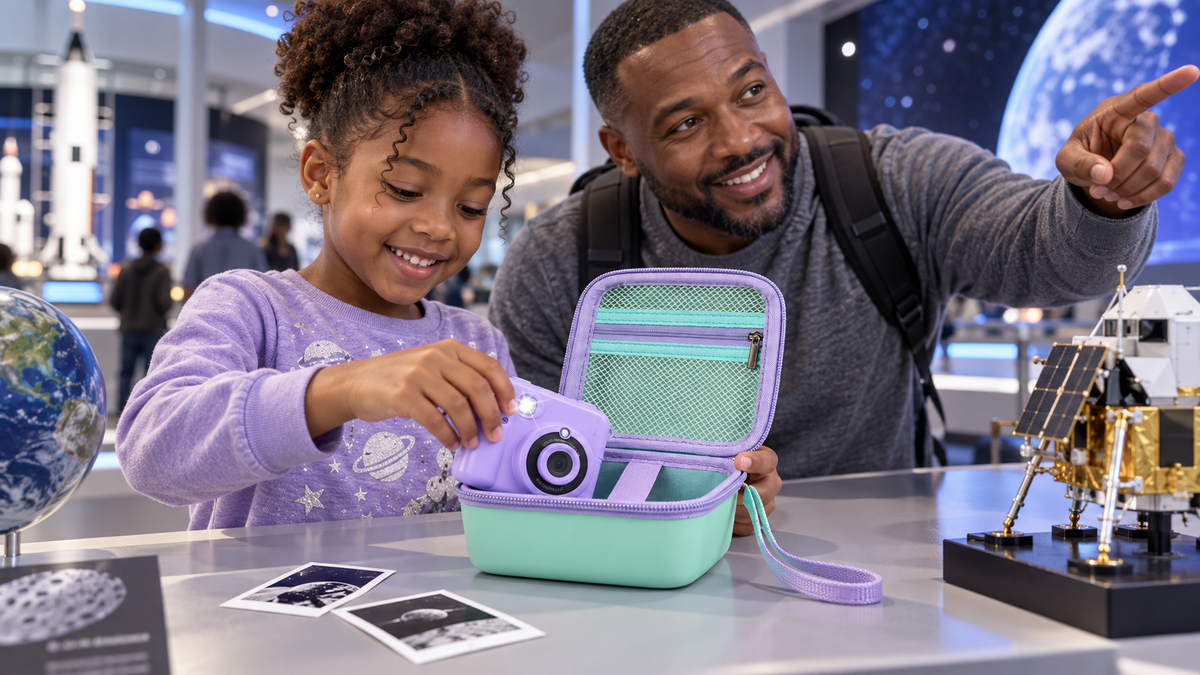 Father and daughter packing an ALKOO kids camera case at a science museum during World Space Week 2026