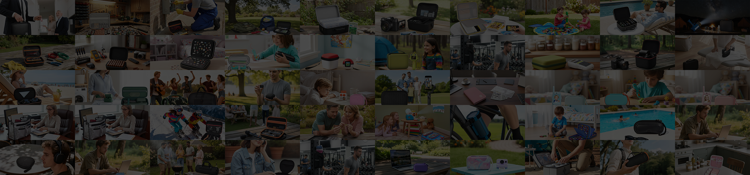 Collage showing Alkoo protective cases used for electronics, tools, toys, travel, and outdoor activities