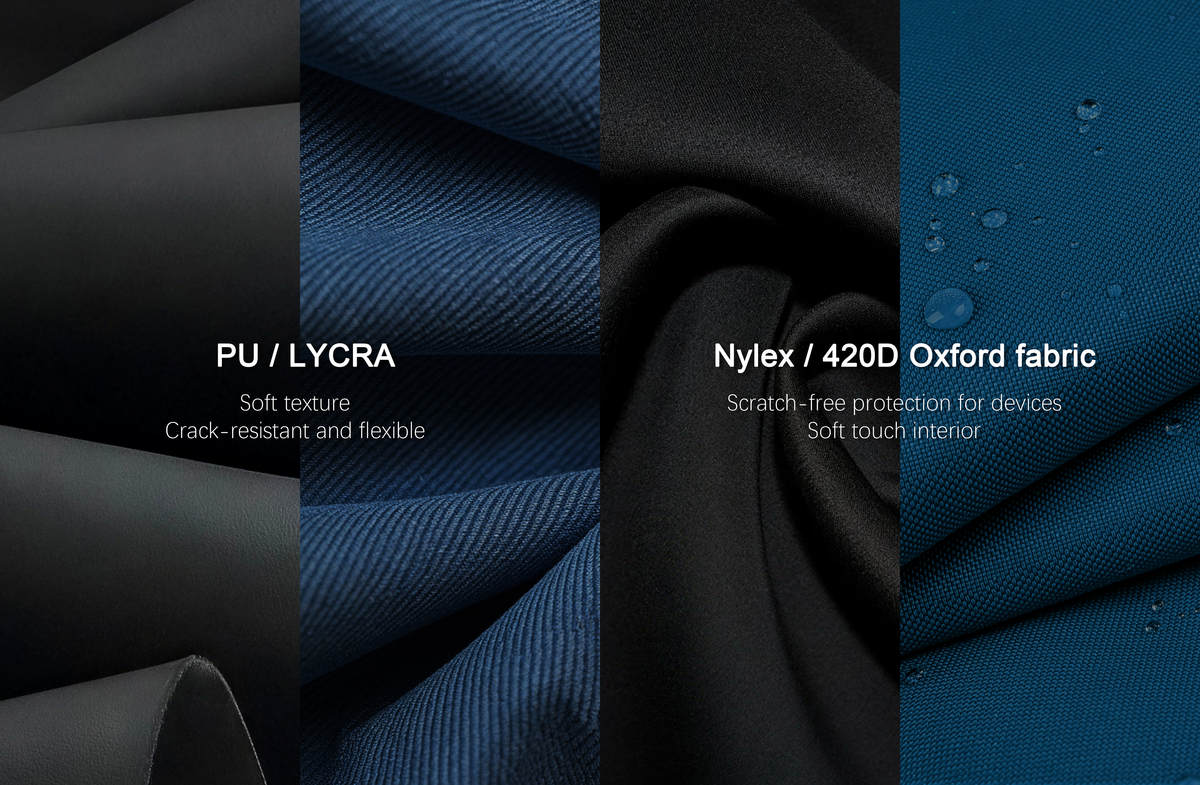PU, Lycra, Nylex, and 420D Oxford fabrics used for soft protective case interiors