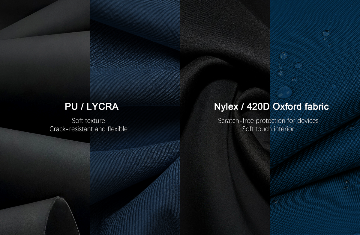 PU, Lycra, Nylex, and 420D Oxford fabrics used for soft protective case interiors