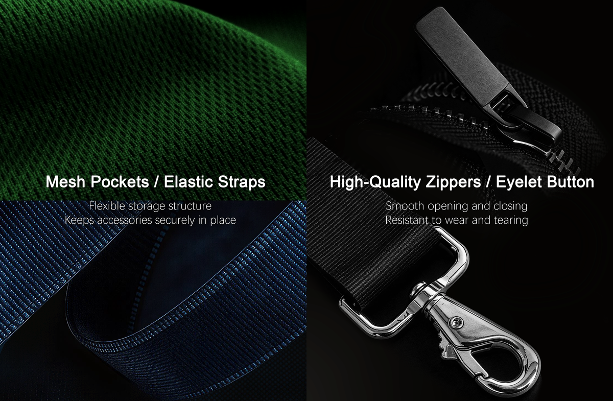 Protective case mesh pockets, elastic straps, zippers, and metal hardware