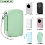 Mint green label maker case shown with several compatible mini printers