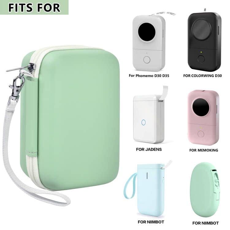 Mint green label maker case shown with several compatible mini printers