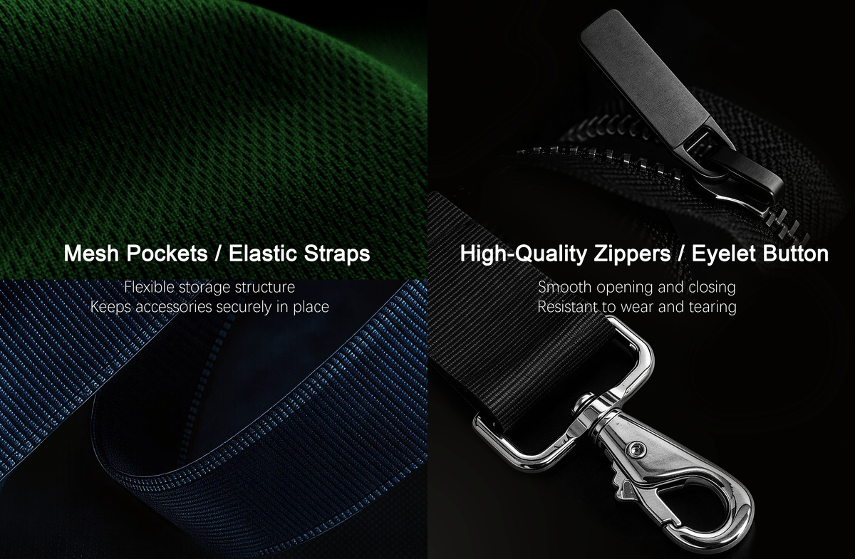Protective case mesh pockets, elastic straps, zippers, and metal hardware