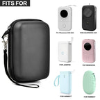 Black label maker case shown with several compatible Phomemo and NIIMBOT mini printers