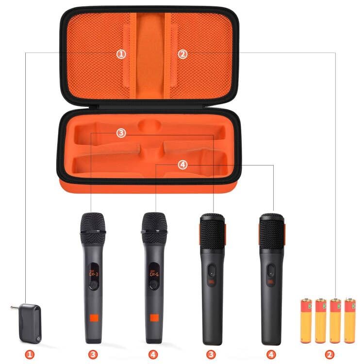 Open orange JBL PartyBox wireless microphone case with dual mic compartments and battery storage