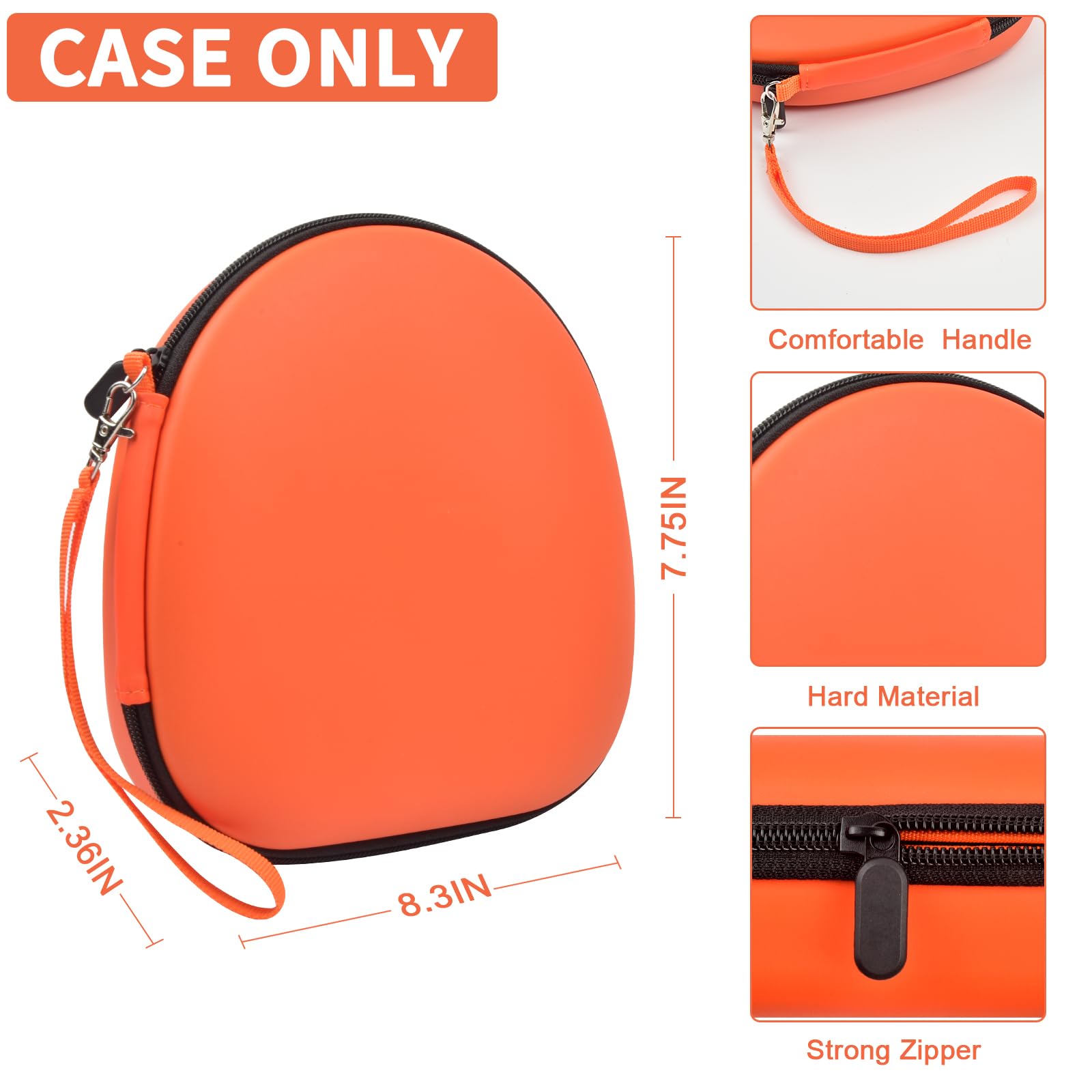 Orange hard-shell headphone case dimensions with handle and strong zipper; case only