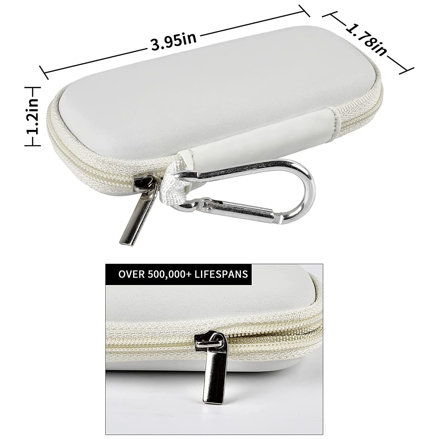 White KardiaMobile travel case dimensions with carabiner and durable zipper
