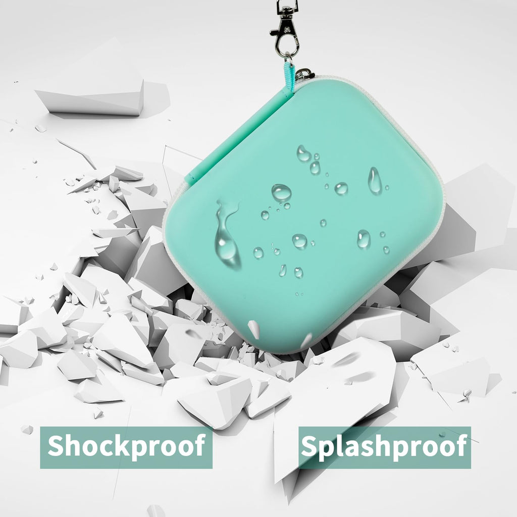 Mint green label maker case demonstrating shockproof and splash-resistant protection