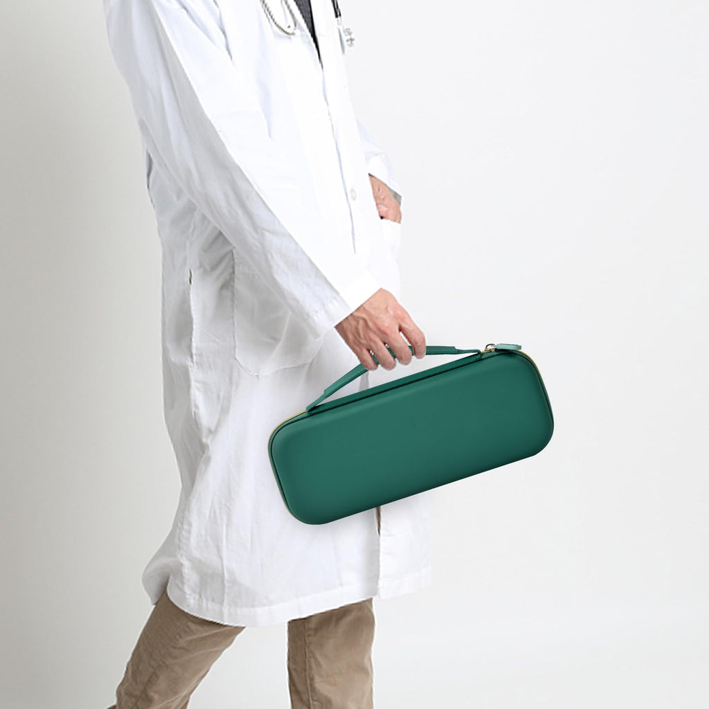 Healthcare professional carrying a closed dark green hard stethoscope case