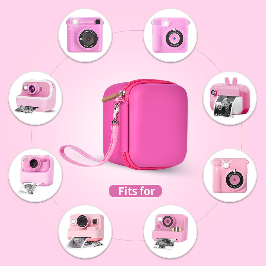 Pink bear-shaped kids instant print camera case shown beside a compatible kids instant print camera