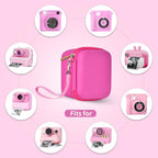 Pink bear-shaped kids instant print camera case shown beside a compatible kids instant print camera