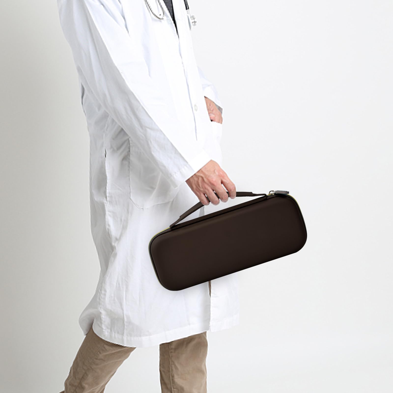 Healthcare professional carrying a closed brown hard stethoscope case