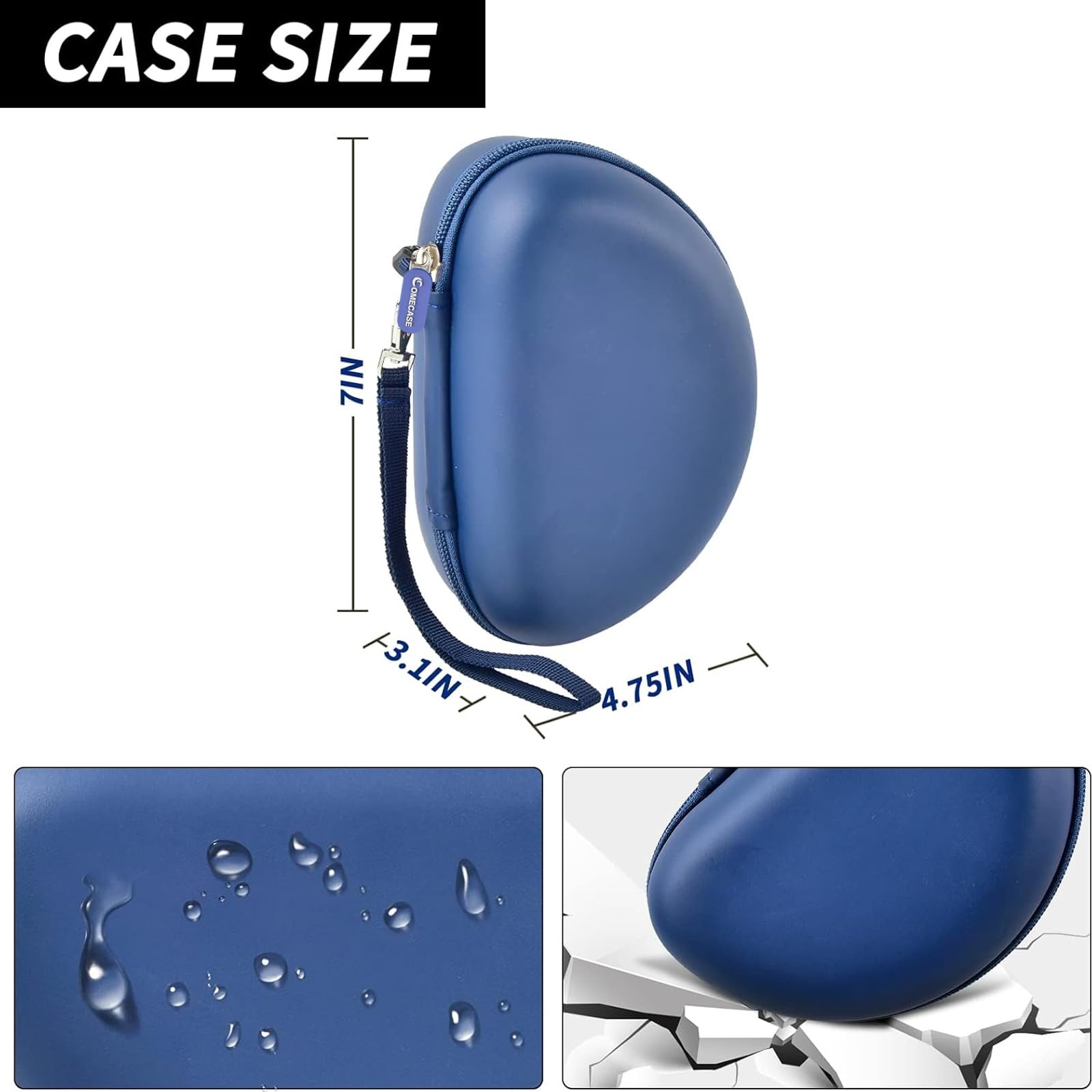 Navy blue headphone case dimensions with water-resistant and anti-fall protection